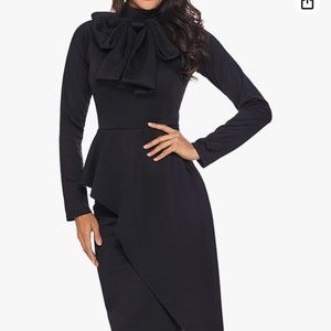 Womens Medium Tie Neck Peplum Waist Long Sleeve Bodycon Business Dress BLACK